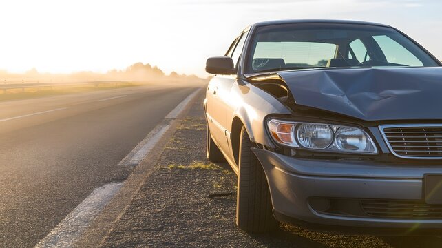 Damaged Car on Side of Road with Hood Up at Sunset