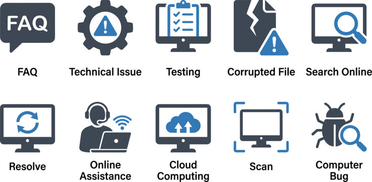 Collection of technology and computer icons representing faq technical issue testing corrupted file search.
