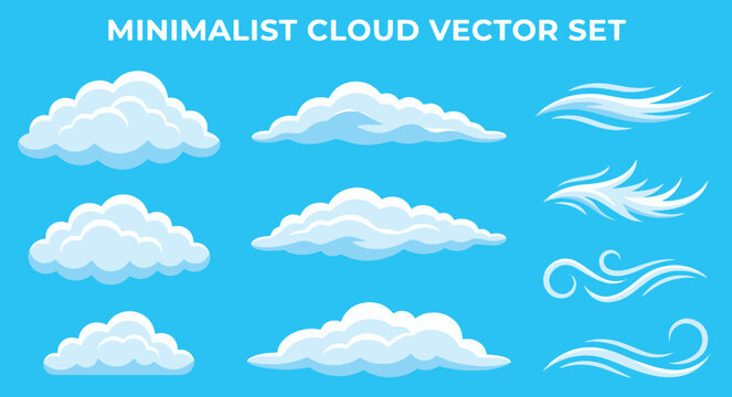 Minimalist blue sky background with fluffy white clouds and swirling wind blow effects for creative weather design vector illustration