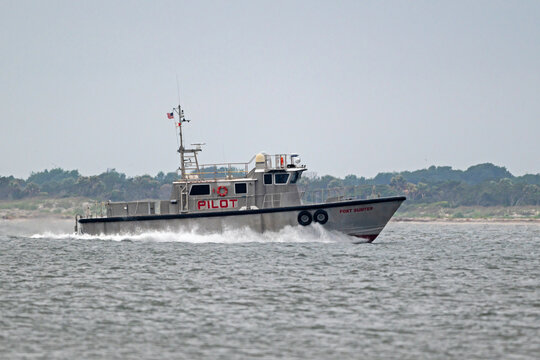 Pilot vessel Fort Sumter cruises through Charleston Harbor, SC, USA on June 02. 2026.