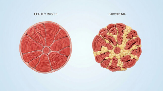Medical illustration comparing healthy muscle tissue and sarcopenia atrophy