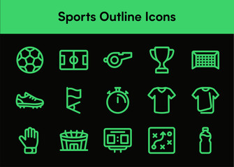 Fifteen green neon outline icons depicting soccer game components stadium infrastructure and referee tools © Muhammad Asad
