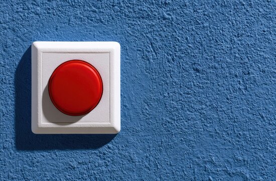 A bright red button on a white square plate, mounted on a textured blue wall