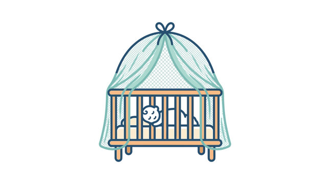 A cute illustration of a baby sleeping peacefully inside a wooden crib with a canopy.