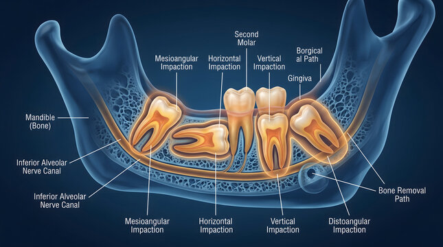 Medical diagram of various wisdom tooth impactions in human jawbone