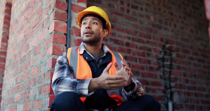 Construction, thinking and watch with man on building site for delay or project management. Schedule, time and waiting with engineer on worksite for property development setback as architect