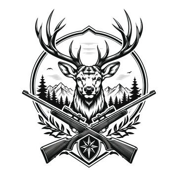 Vintage hunting badge with deer head mountains and crossed rifles wildlife mountains outdoors adventure landscape illustration monochrome forestry mountaineering naturelover conservation