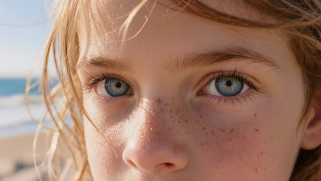 Close-up of a freckled face with blue eyes and windblown hair, set against a sunlit beach and ocean background.