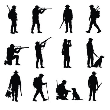 Set of black silhouettes of hunters in different poses with firearms and hunting dogs isolated on white background silhouette outdoors wildlife standing kneeling activity shooting equipment