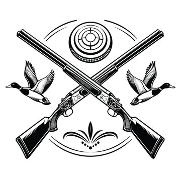 Vintage style hunting logo design with crossed shotguns clay pigeon target and flying mallard ducks shooting wildlife outdoors recreation illustration tradition ornament accuracy outfitter
