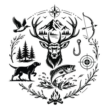 Vintage hunting and outdoors emblem with deer and wildlife elements fishing hook outdoors wildlife adventure illustration mountain wilderness woodland monochrome stylized outfitter
