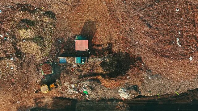 Top Down Drone View Of Coconut Husk Collection And Coir Production