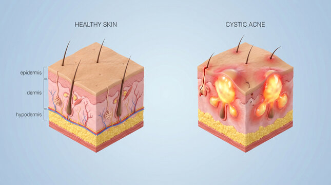Cystic Acne vs Healthy Skin Layers Medical Illustration