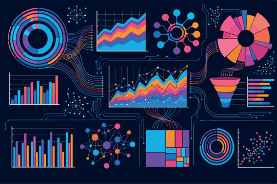 Modern Infographic Dashboard Template with Pie Charts Bar Graphs and Data Analytics Visualization Elements. Infographic with graph and chart on abstract background