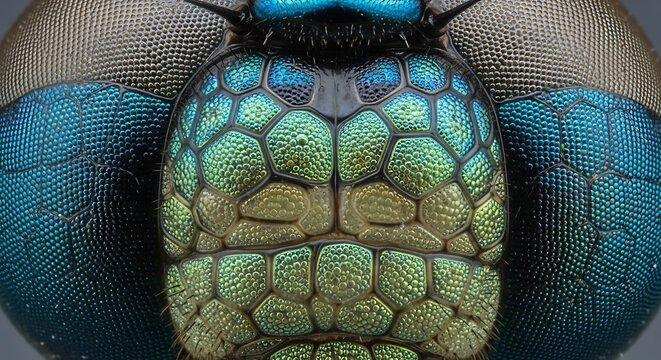 Extreme Macro Close-up of a Dragonfly's Compound Eye with Iridescent Colors