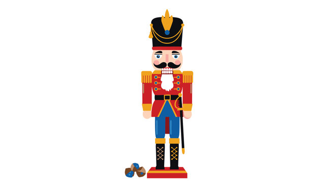 Traditional wooden nutcracker soldier figurine stands at attention wearing a red and blue uniform with gold details and a black shako.