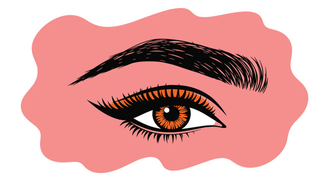 Striking close-up illustration shows a human eye with bold orange shadow and dramatic winged eyeliner set against a soft pink background.