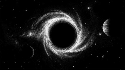 Black hole in deep space with spiral galaxy and rotating planets. Stipple effect cosmic illustration of gravity and dark matter. Abstract galaxy art background for astronomy science. © Shells