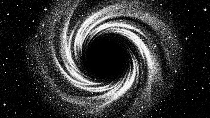 Black hole swirling in deep space. Concept of galaxy with rotating stars. Stipple textured illustration of cosmic phenomenon. Astronomical graphic design, science fiction background. © Shells
