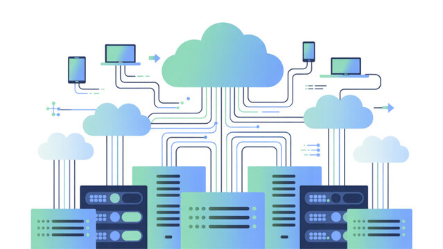 Modern cloud computing network with servers and devices connected online Vector