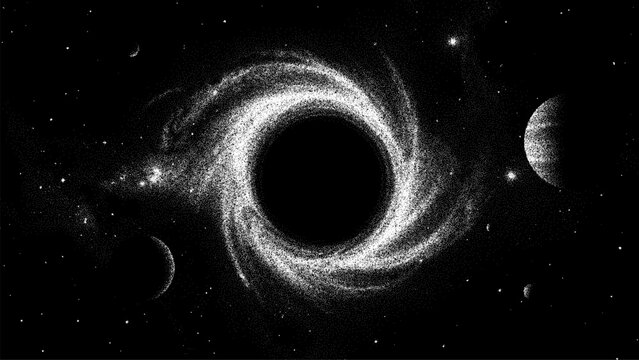 Black hole in deep space with spiral galaxy and rotating planets. Stipple effect cosmic illustration of gravity and dark matter. Abstract galaxy art background for astronomy science.
