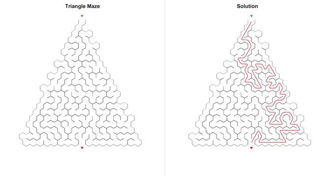 Triangle maze and red solution track in minimalist vector style, black and white colors, challenging logic game worksheet used for adult brain training with copy space