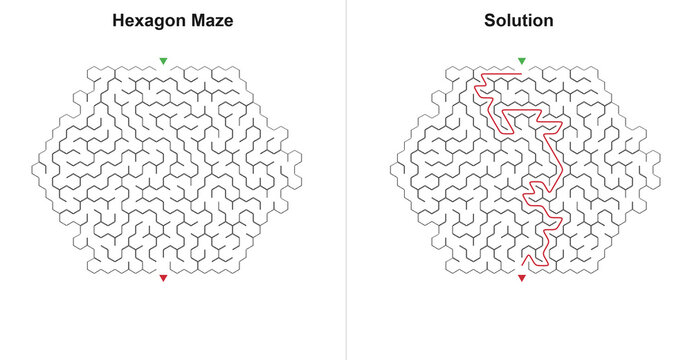Adult hex maze labyrinth board and answered track in flat line drawing style, dark and crimson hues, tricky intelligence evaluation page used for brain training with copy space