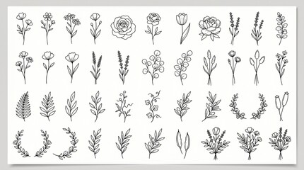Minimalist botanical line art collection, 44 hand drawn floral sketches and leaf icons, black ink wildflower illustrations on white background © Muhammad