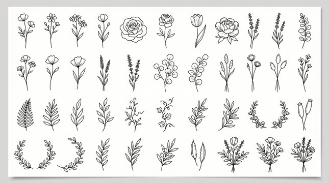 Minimalist botanical line art collection, 44 hand drawn floral sketches and leaf icons, black ink wildflower illustrations on white background