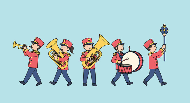 Group of colorful marching band members in red uniforms playing brass instruments and drums while walking in a synchronized parade.