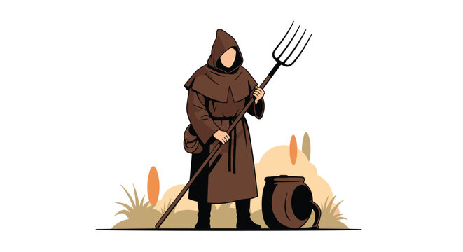 Medieval peasant character standing in a field wearing a brown hooded cloak and holding a large wooden pitchfork tool.