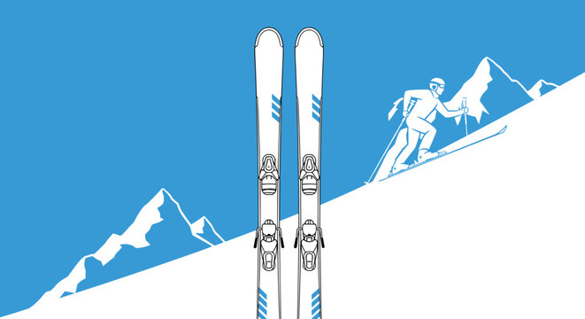 Illustration of a skier climbing a steep snowy mountain slope with alpine peaks in the background under a clear blue sky.
