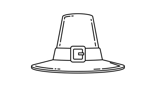 Traditional black and white outline drawing of a tall pilgrim hat featuring a wide brim and a prominent buckle on the band.