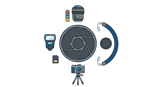 A collection of professional photography equipment arranged in a flat lay composition.