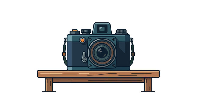 A vintage style digital camera resting on a wooden table surface.