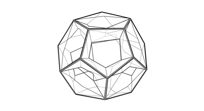 Complex black and white geometric wireframe showing an intricate three dimensional pentagonal dodecahedron structure on white.