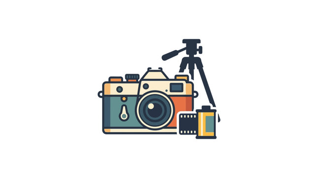 Vintage film camera with tripod and film roll illustration.