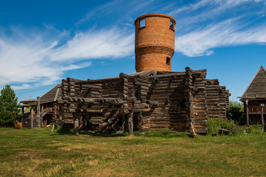 Abalak, Tyumen Oblast, Russia. July 23, 2025: Abalak tourist and entertainment complex. Reconstruction of a high brick tower to protect the settlement.