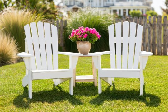 Two classic white Adirondack chairs positioned on a lush green lawn with a small table and a potted pink flower arrangement in a serene outdoor setting