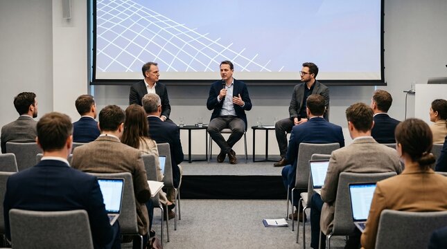 Business conference panel discussion in a modern auditorium