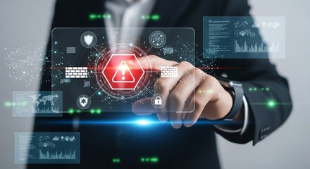 Obraz premium Futuristic digital security interface with caution alert, shield, padlock, and global network, business professional touching screen.