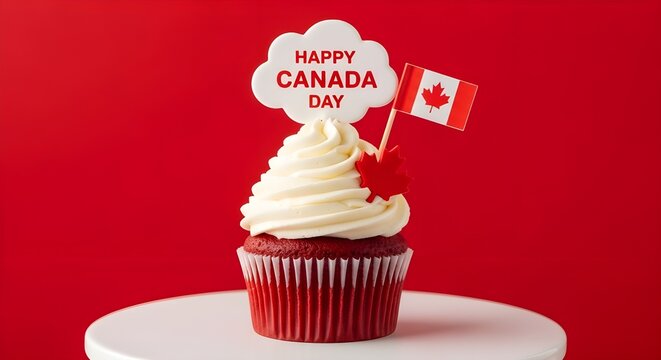 Canada day red velvet cupcake with white frosting and canadian flag topper on white surface