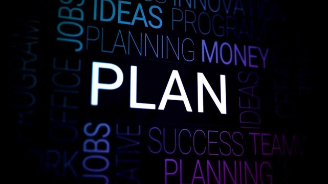 3D Typography Animation of the Word Plan with Business Concepts