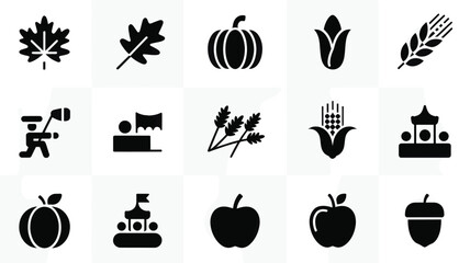 Set of 15 Black and White Autumn Harvest Thanksgiving Vector Icons © MD