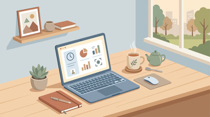 Naklejka premium A flat design illustration depicting a calm minimalist office desk with an open laptop and a stylized cup of tea.