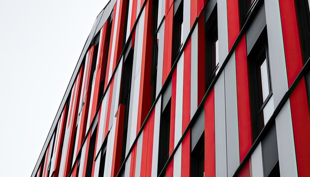 Geometric facade of a modern building with bold red and white vertical stripes