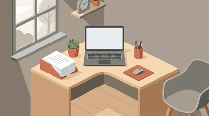 Naklejka premium A flat design illustration of a minimalist corner office desk featuring an open laptop, neatly stacked documents, and a pen holder. 