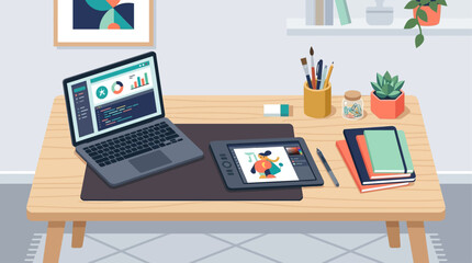 Fototapeta premium An overhead flat design illustration showcasing a creative minimalist desk setup, complete with an open laptop, a digital drawing tablet, and abstract art supplies.