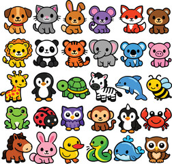 Fototapeta premium Collection of Cute Cartoon Animal Icons in a Vibrant, Playful Style