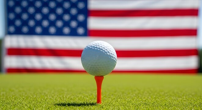 Golf ball on tee with american flag background patriotic golf scene